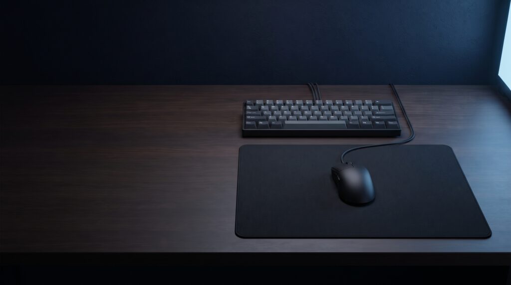 Gaming mouse resting on a black cloth mouse pad on a dark desk