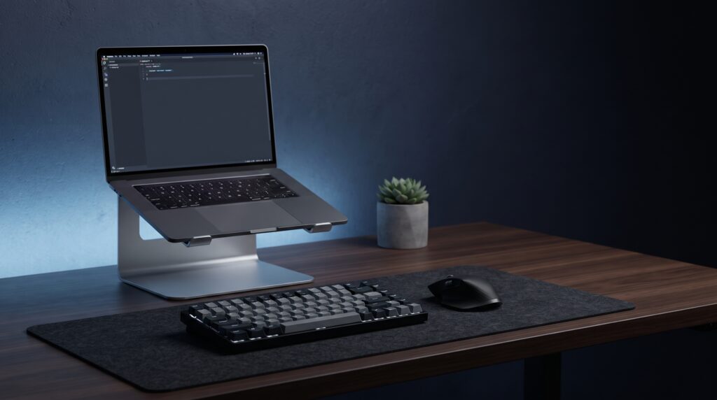 Laptop raised on an aluminum stand with a separate keyboard and mouse on a tidy desk